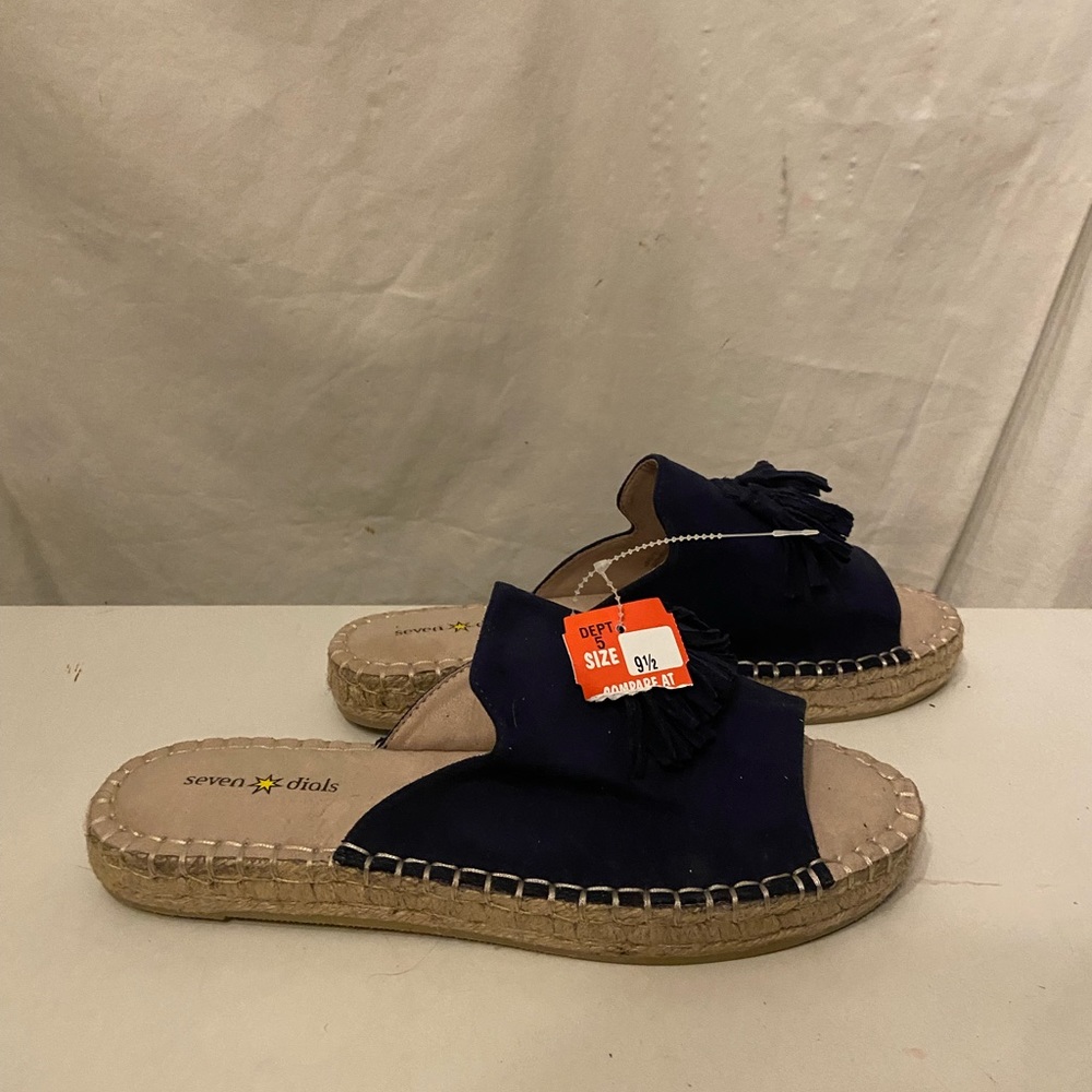 Seven Dials navy blue slide on flat sandals tassel front various sizes all NWT